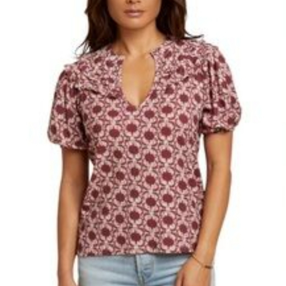 Nation LTD XS Judith Yoked Short Sleeve Tee Burgundy and‎ White Print